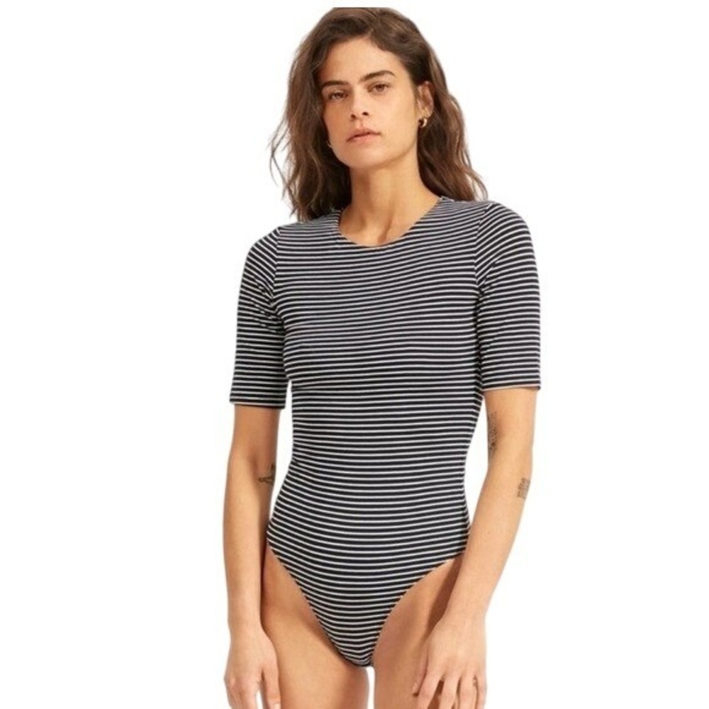 Everlane Black White Striped‎ Cotton Blend Short Sleeve Bodysuit Women
